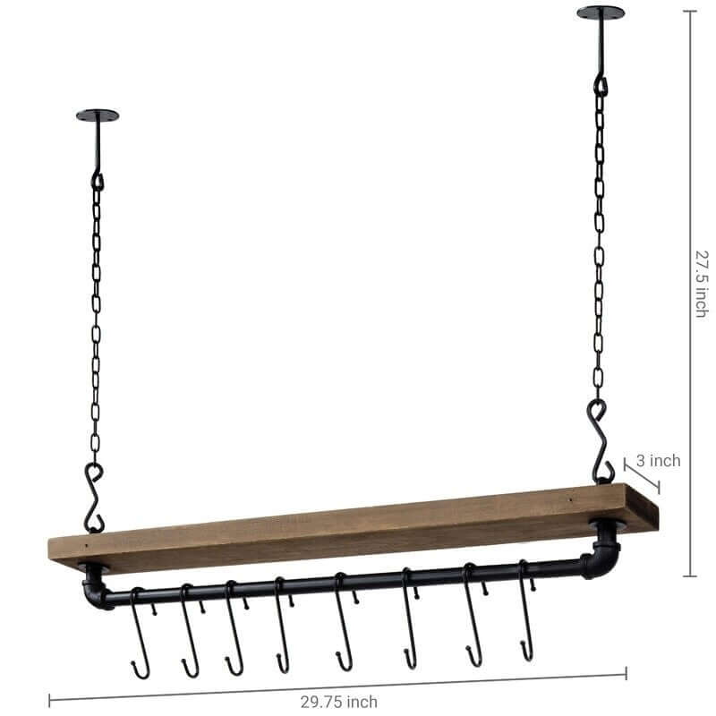 Wooden hanging pot rack with metal hooks and chain measurements on a white background