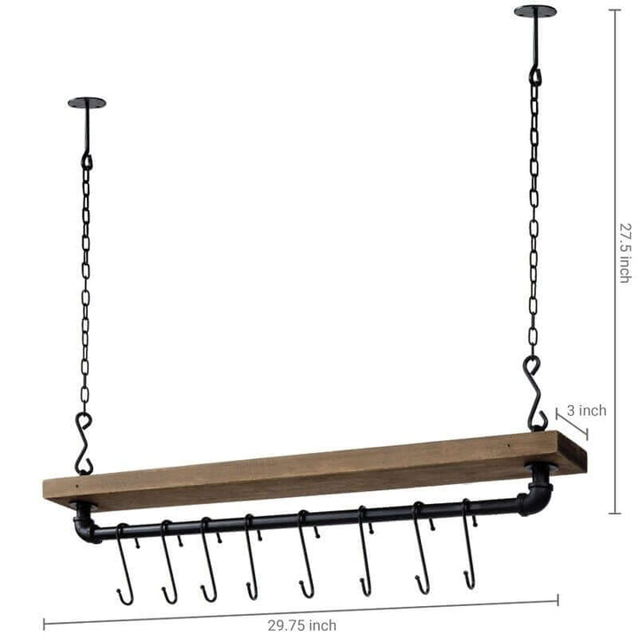 Wooden hanging pot rack with metal hooks and chain measurements on a white background