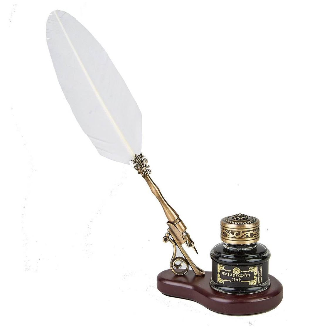 Decorative quill pen with inkwell on a white background
