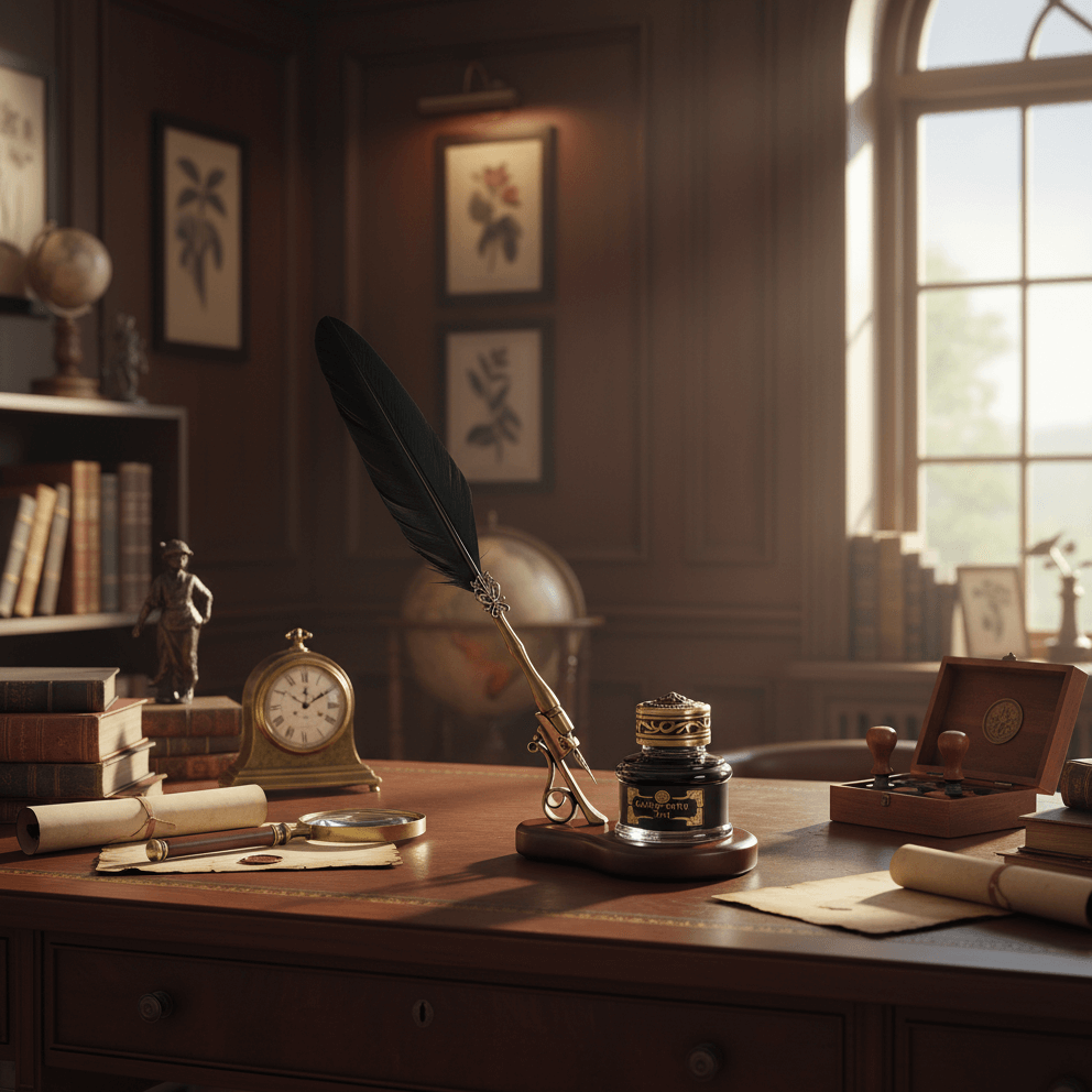 Vintage desk setup with feather quill, inkwell, and books in a room with wooden walls and a window.