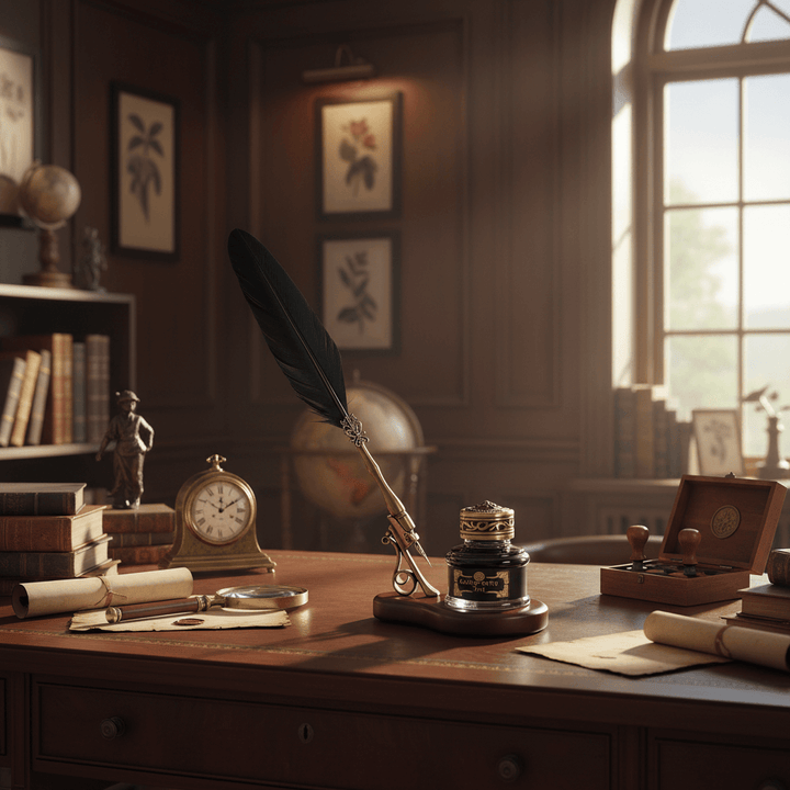 Vintage desk setup with feather quill, inkwell, and books in a room with wooden walls and a window.