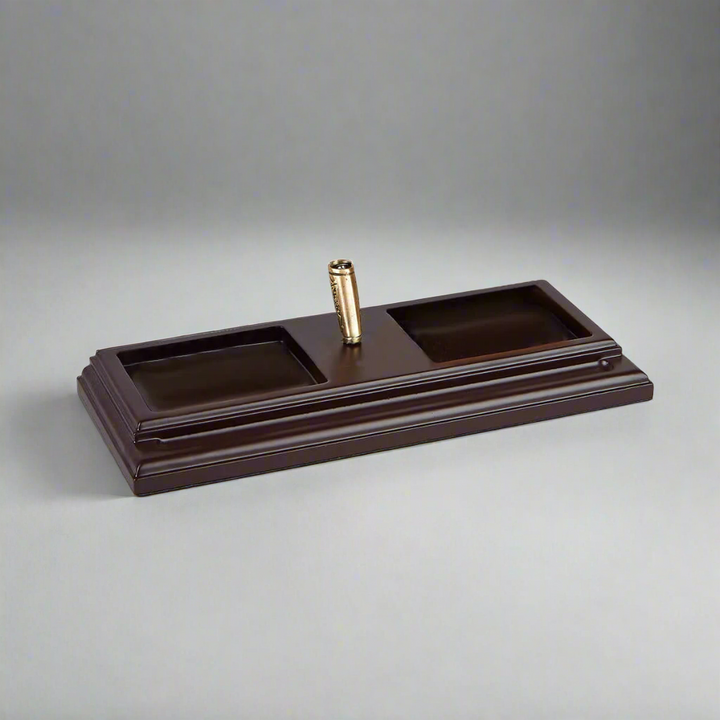 Vintage Wooden Desk Organizer with Feather Quill Pen Set
