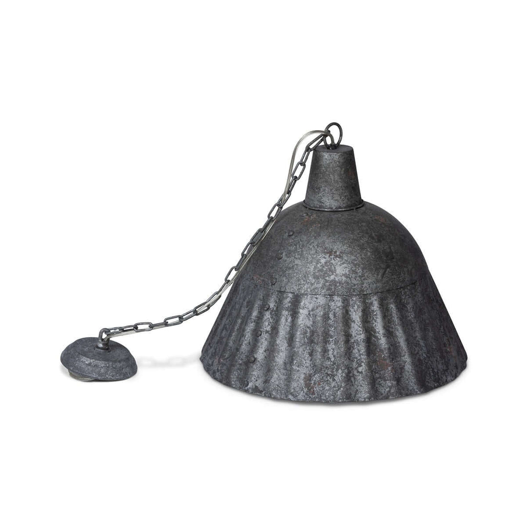 Vintage-style metal pendant light with chain on a white background