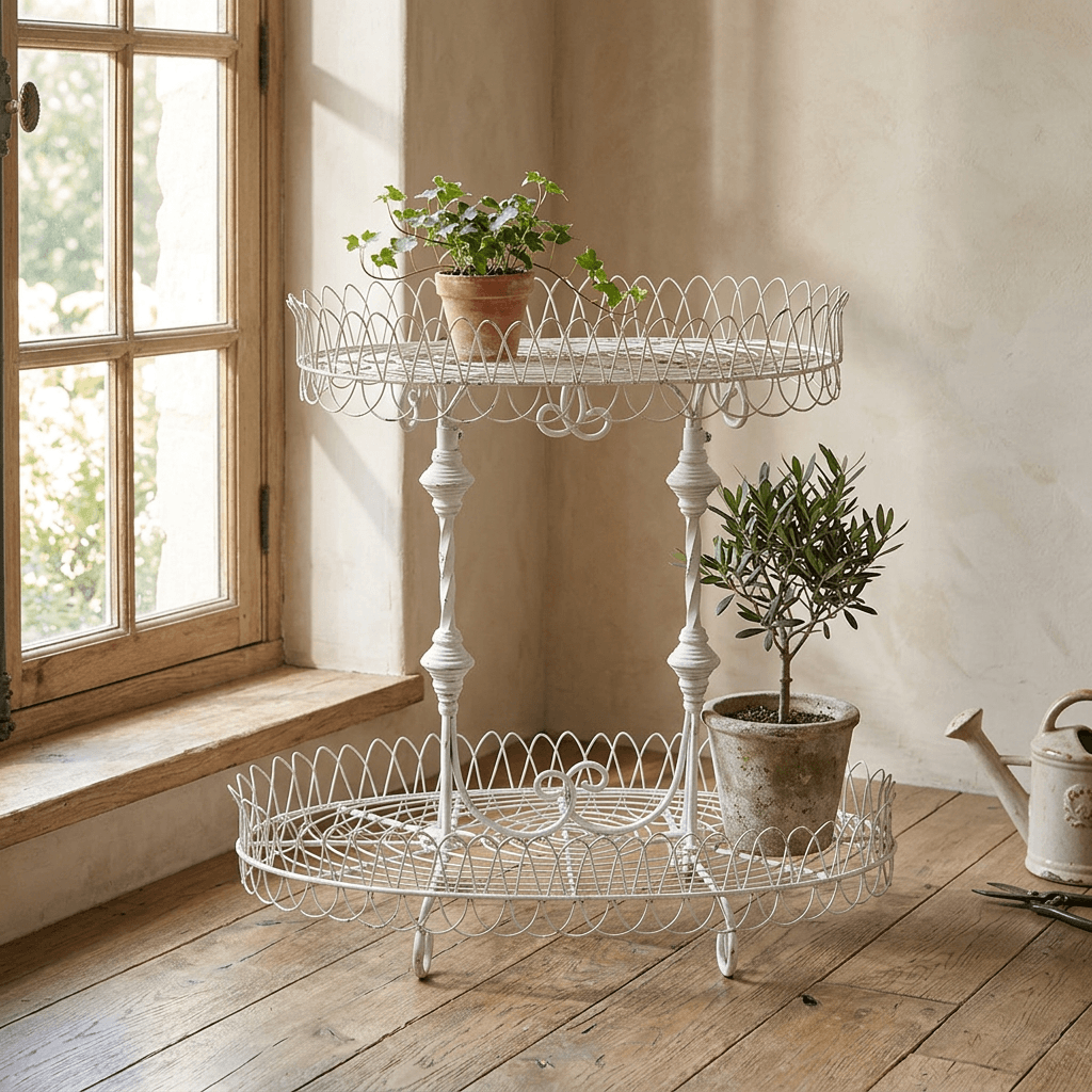 Fleury antiqued white two-tier iron plant stand styled with potted greenery beside a sunny window.