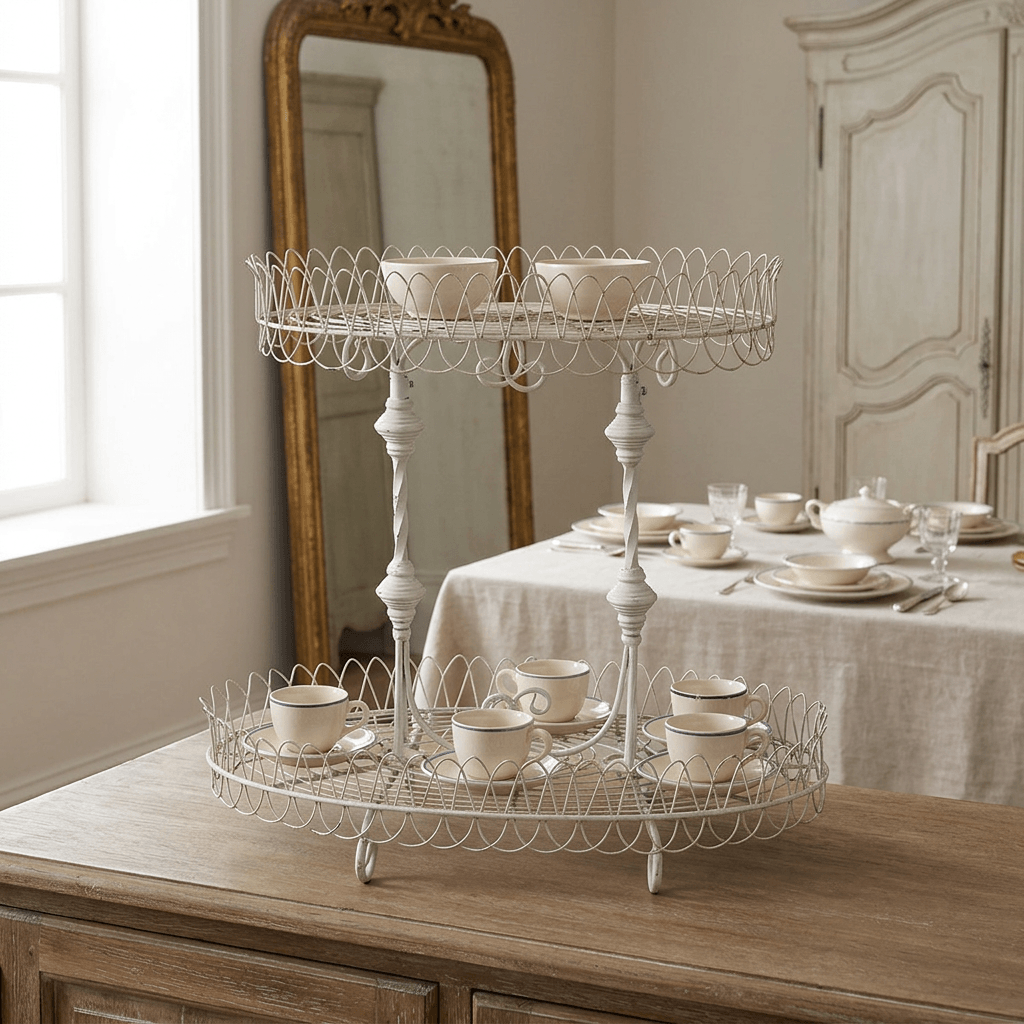 Fleury antiqued white wire stand displaying teacups, saucers, and bowls on a wooden sideboard.