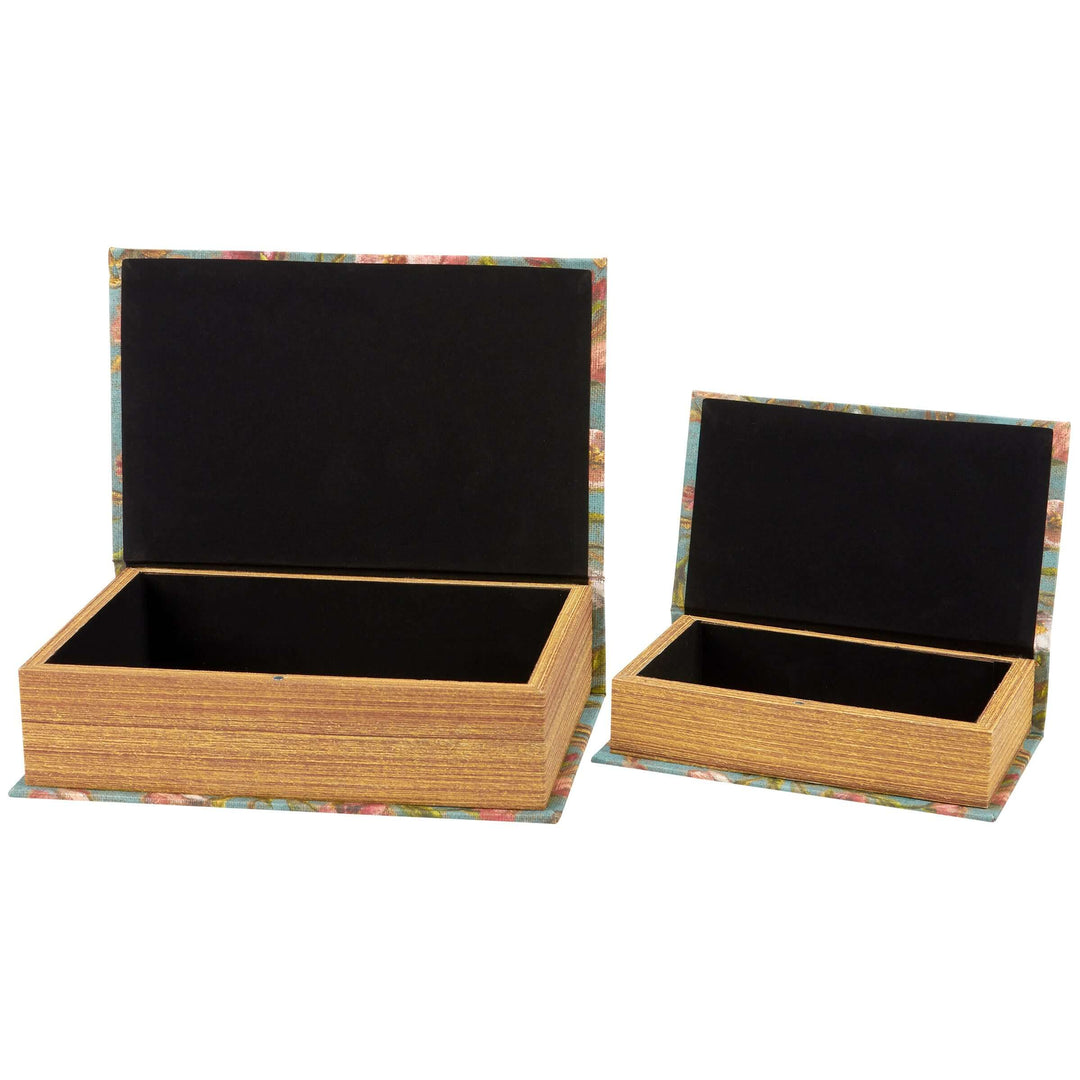 Two wooden boxes with black interiors on a white background