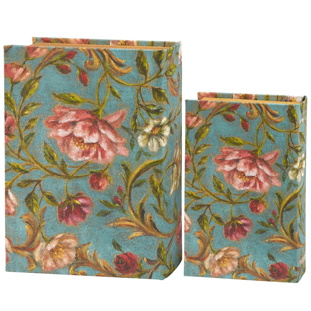 Two floral-patterned boxes on a white background
