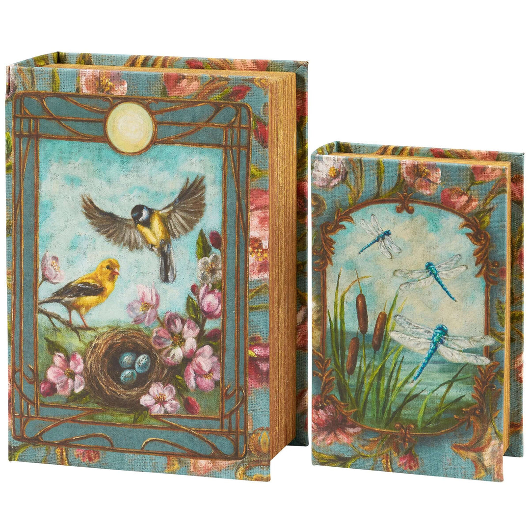 Two decorative boxes with nature-themed illustrations of birds and flowers on a white background.