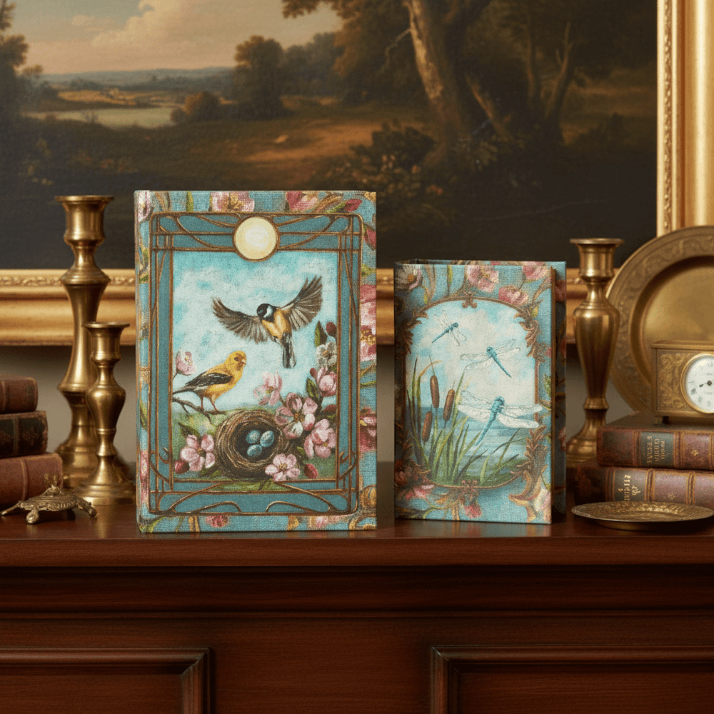 Two decorative boxes with bird and nature designs on a wooden surface with a classical painting in the background.