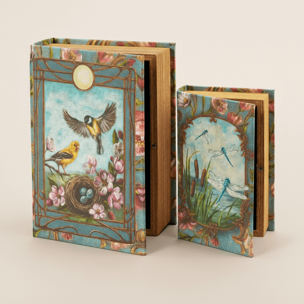 Vintage Art Nouveau Floral Book Shaped Trinket Boxes with nature-themed illustrations on a beige background