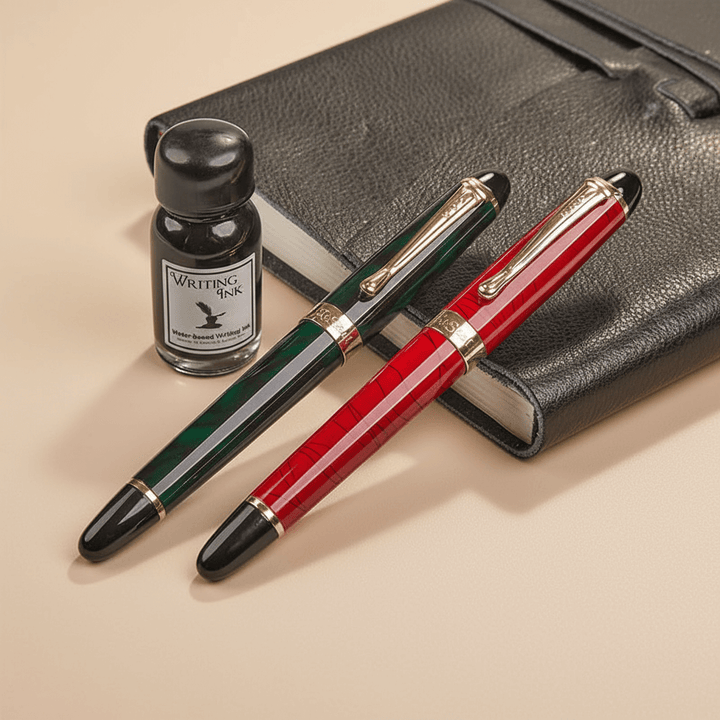 Fountain pens, ink bottle and leather journal