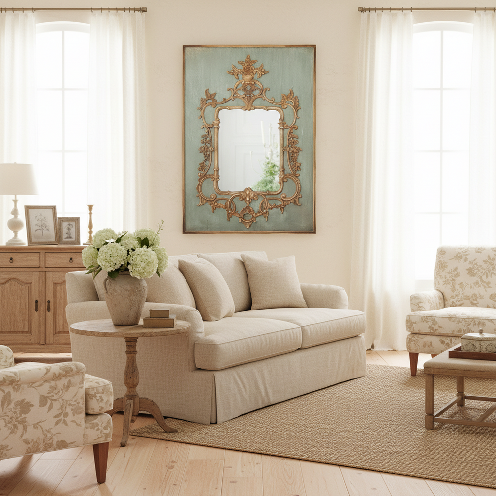 Living room with beige sofa, floral arrangement, and decorative mirror.