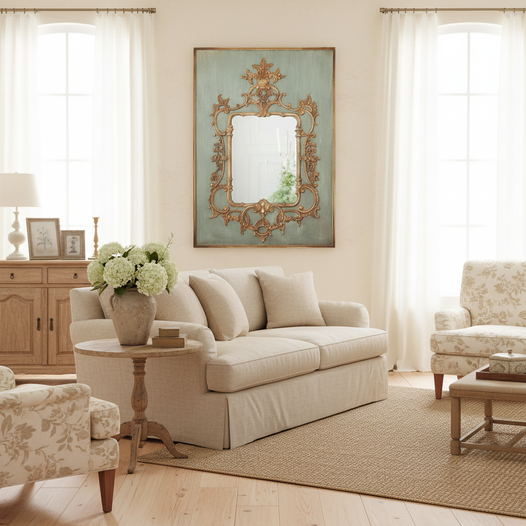 Living room with beige sofa, floral arrangement, and decorative mirror.