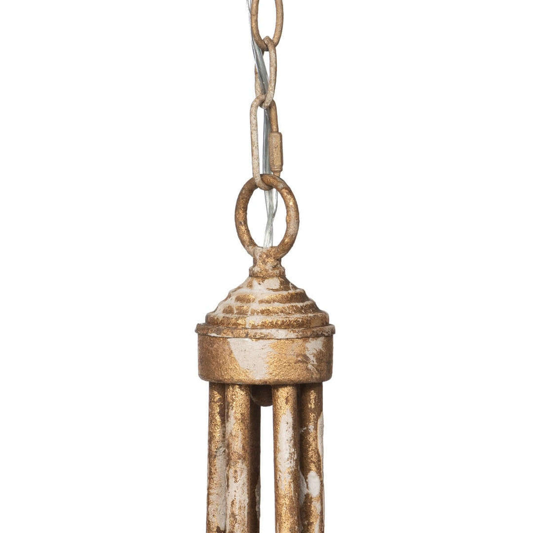 Rustic metal chain with decorative finial on a white background