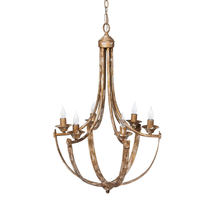 Iron chandelier with six candle-style lights on a white background