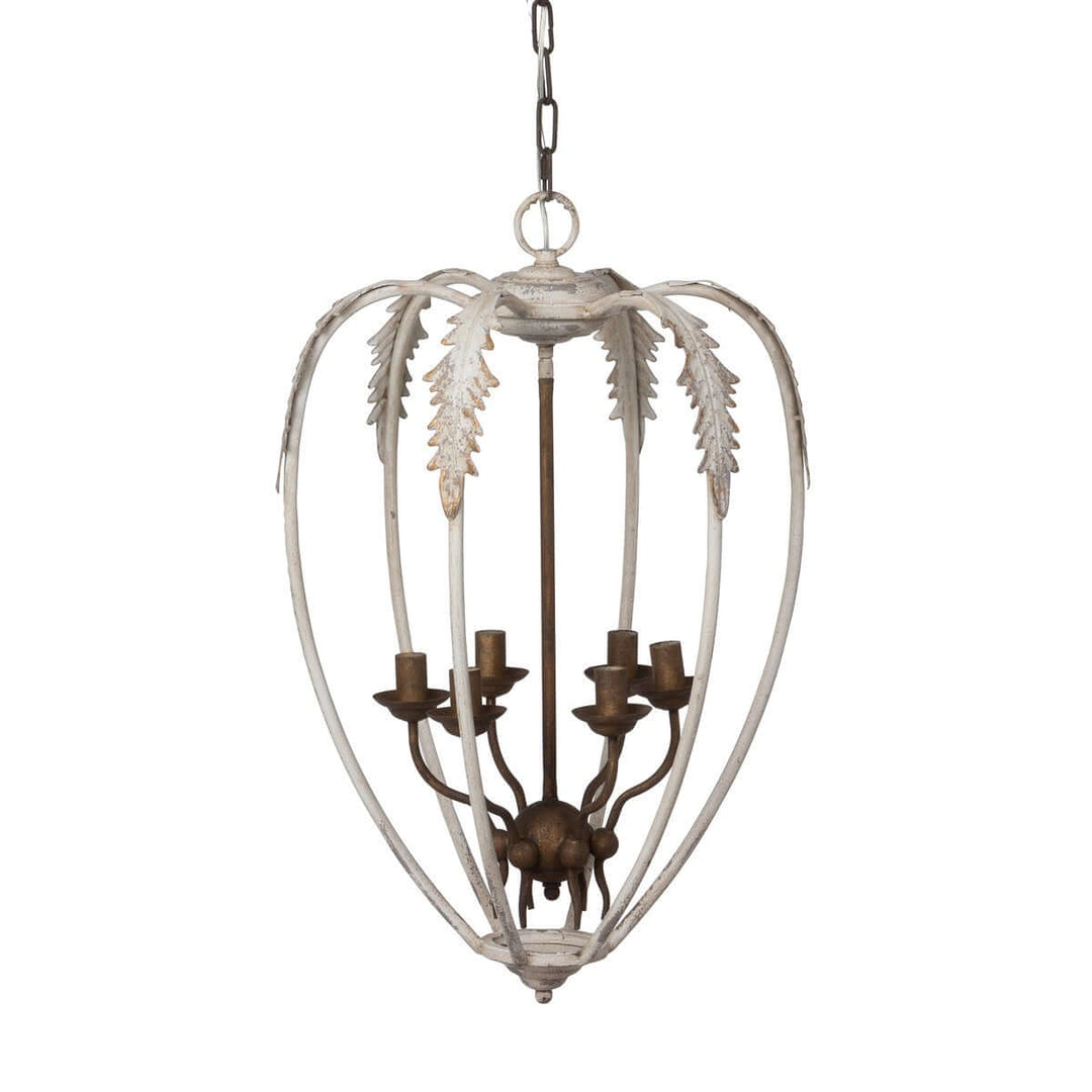 Decorative hanging light fixture with leaf design on a white background