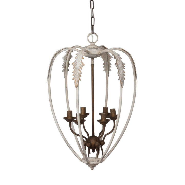 Decorative hanging light fixture with leaf design on a white background