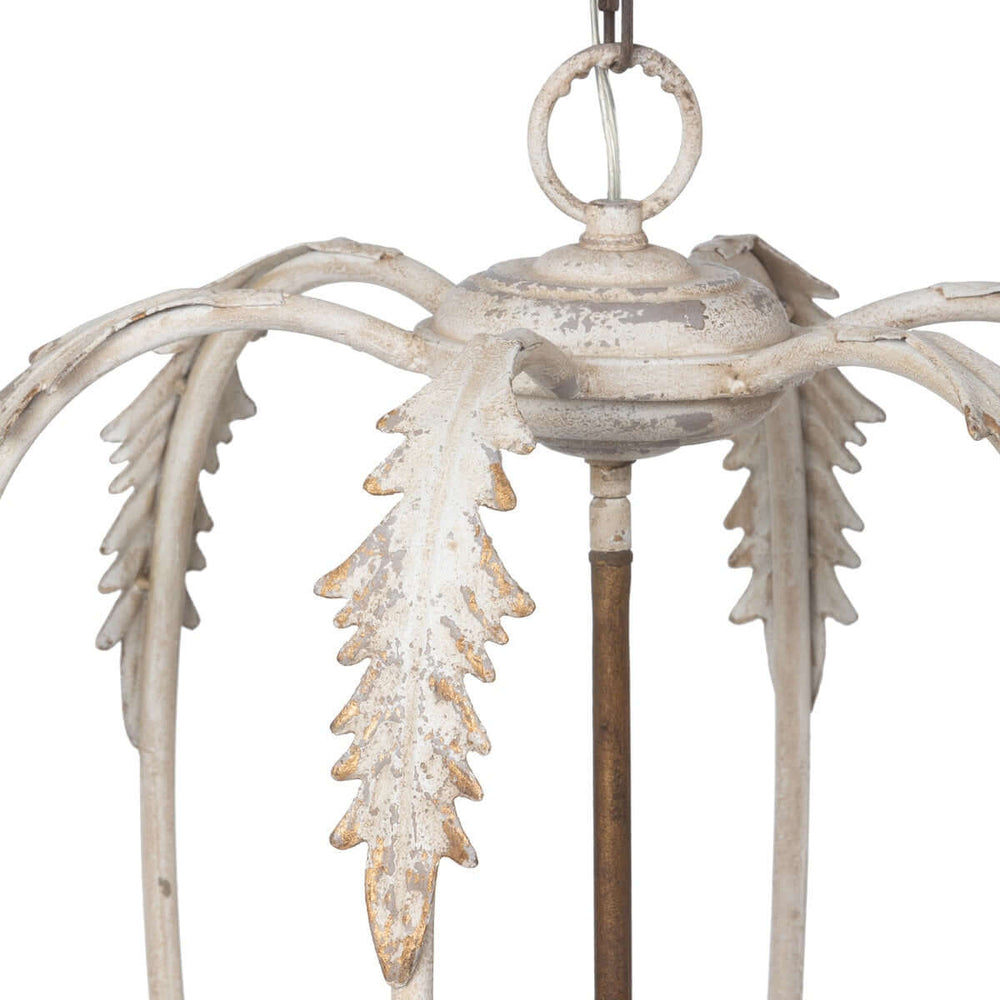 Decorative white metal ceiling light fixture with leaf-like designs on a white background