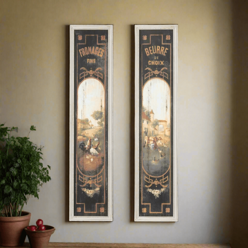 French Country Kitchen Wall Art with vintage butter and cheese signs on tall wooden panels, featuring Fromages Fins and Beurre.