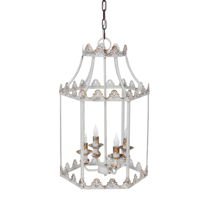 Decorative white lantern-style chandelier on a white background