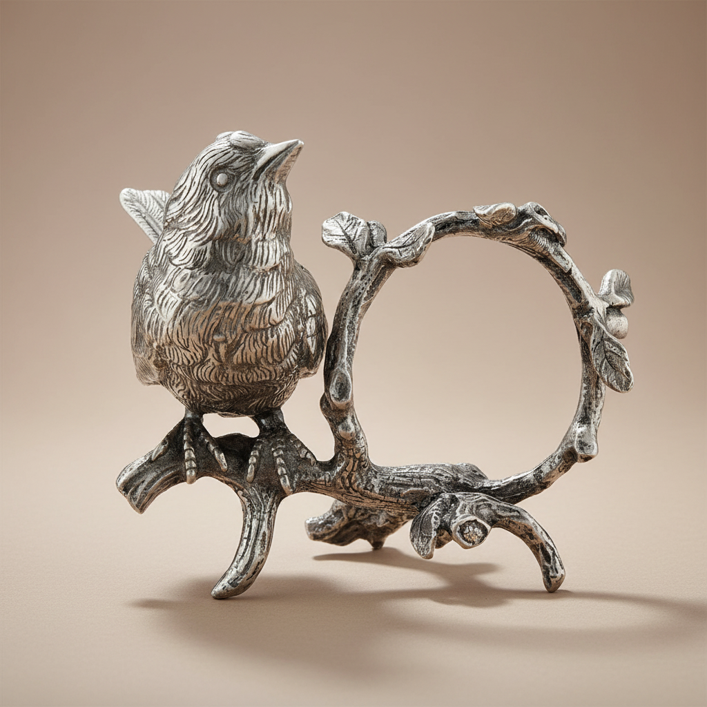 Silver bird and branch  napkin ring on a beige background