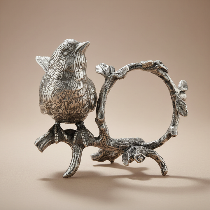 Silver bird and branch  napkin ring on a beige background