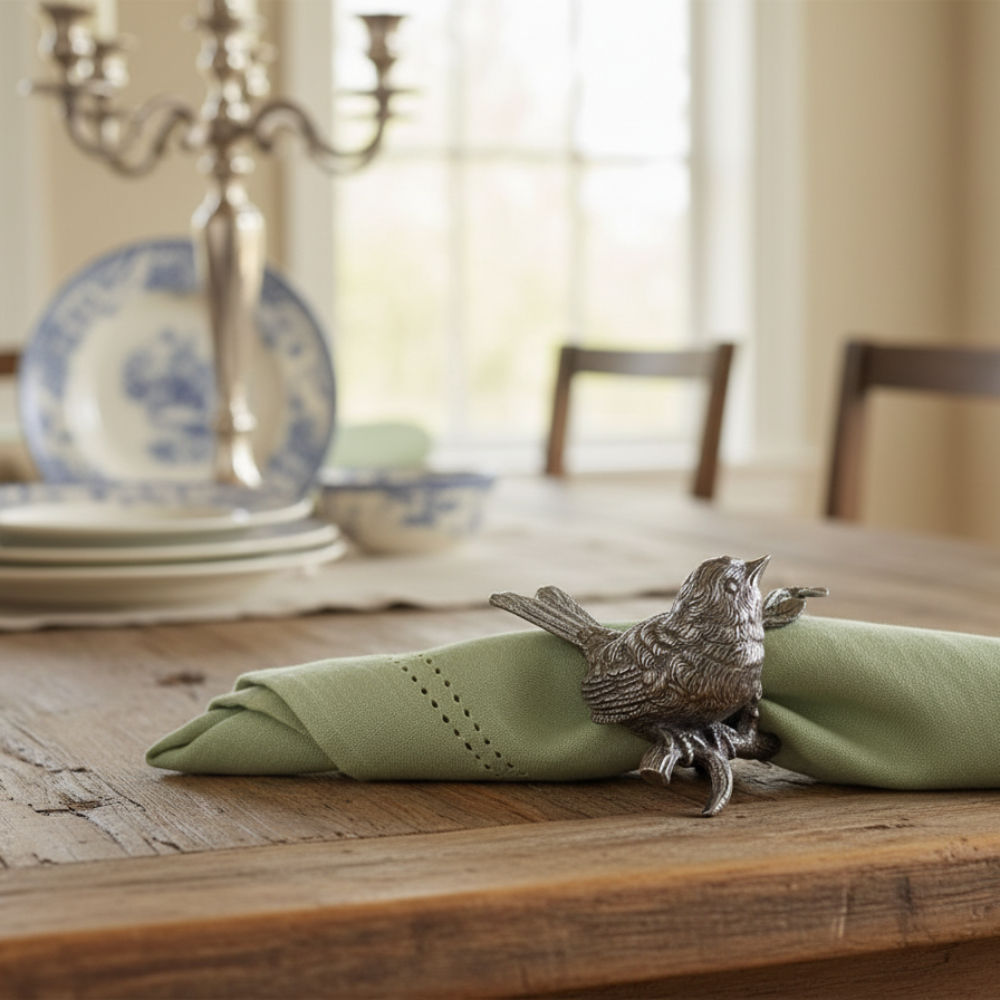 Decorative bird napkin holder on a green napkin with a table setting in the background.