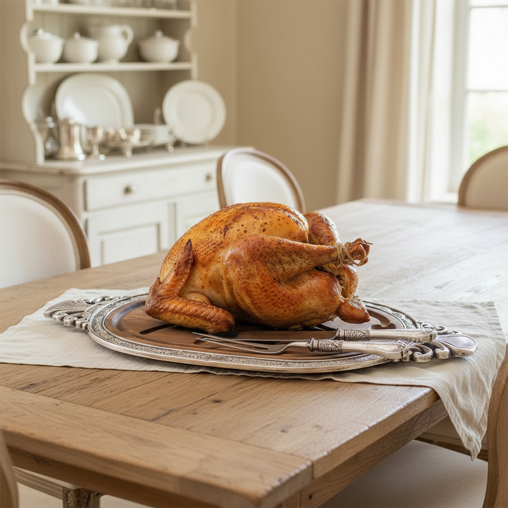 Roasted turkey on a serving board, placed on a table in a French country styled dining room