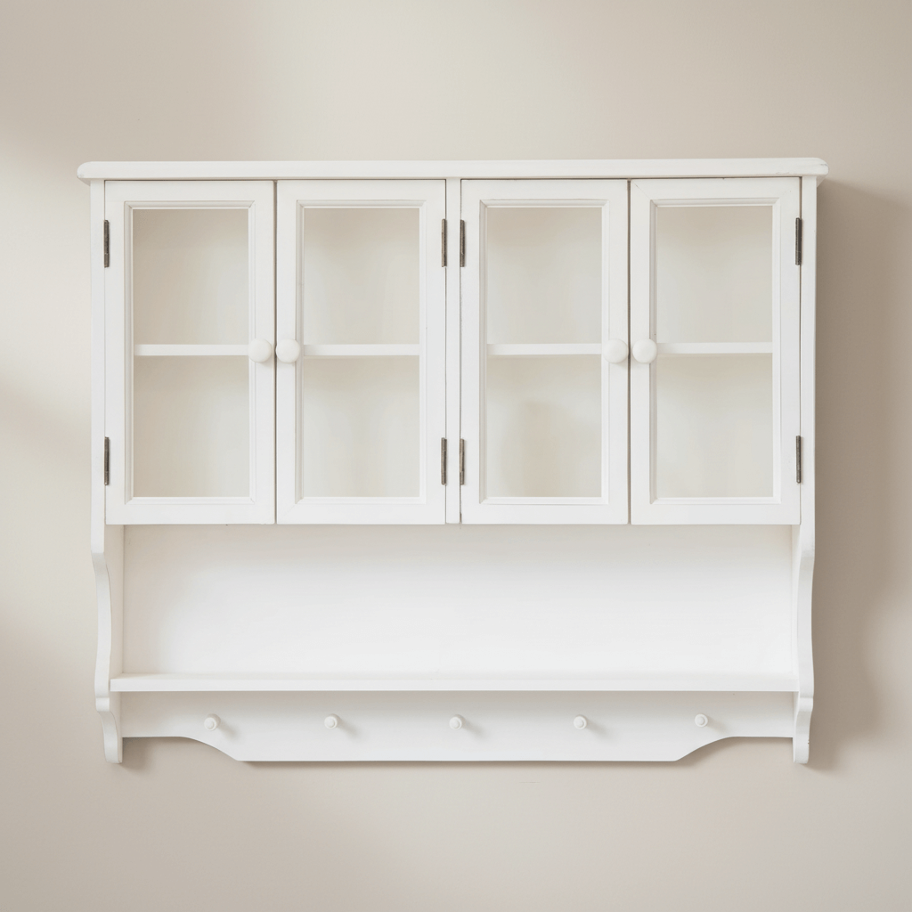 White wall-mounted cabinet with glass doors and hooks on a beige background