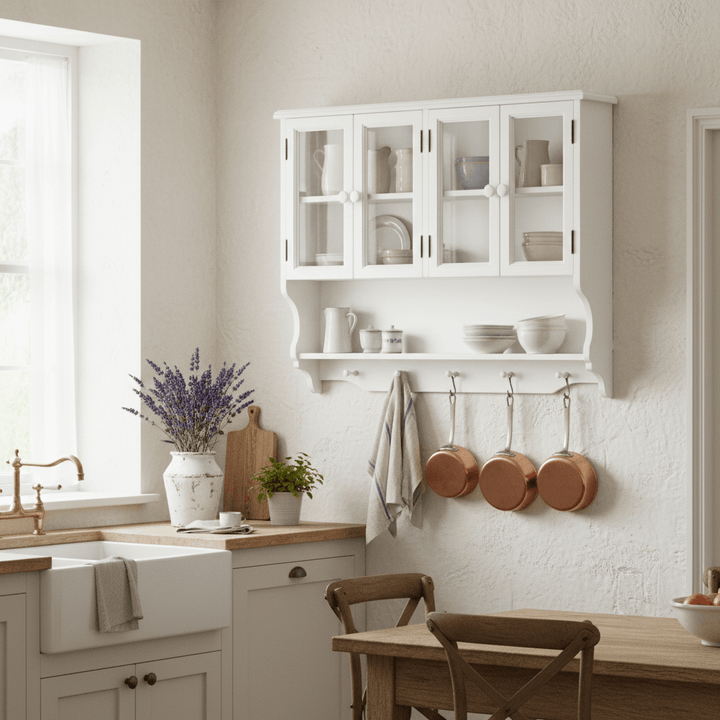 Kitchen interior with white cabinets, wooden table, and hanging copper pots.