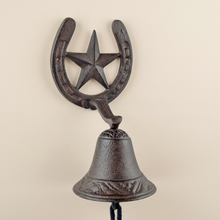 Decorative bell with horseshoe and star design on a beige background