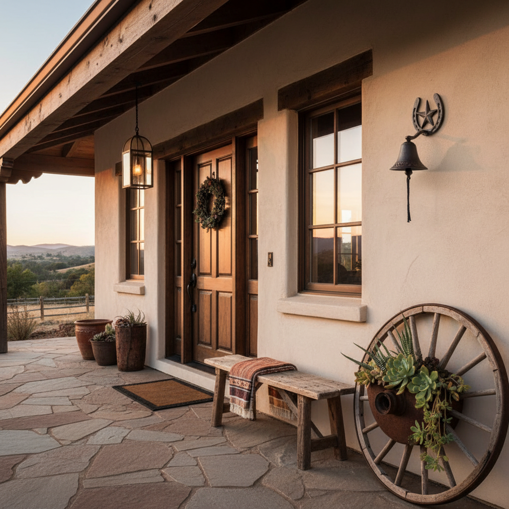 Front porch of a house with a wooden door, bench, and decorative elements.