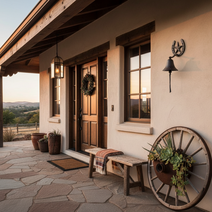 Front porch of a house with a wooden door, bench, and decorative elements.