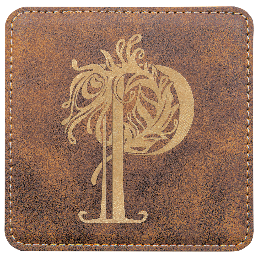 Coaster - Rustic/Gold Square Leatherette, 6 Coaster set with holder