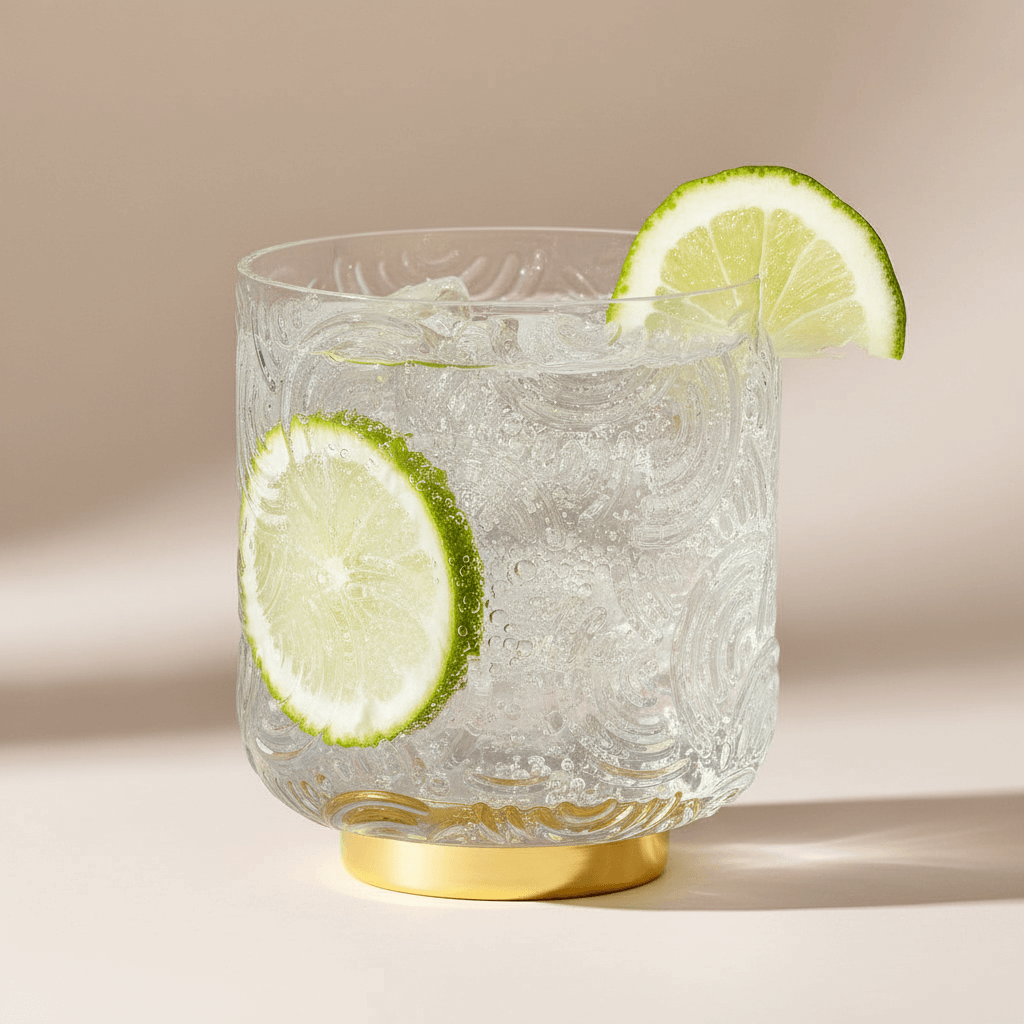 Glass with a gold base, filled with a clear liquid and garnished with lime slices on a beige background