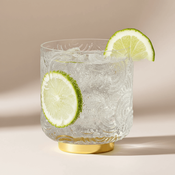 Glass with a gold base, filled with a clear liquid and garnished with lime slices on a beige background