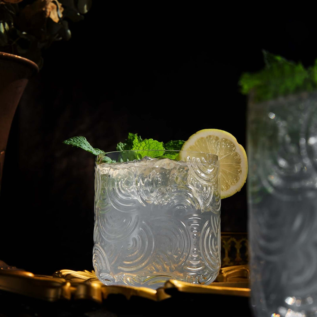Cocktail with lemon slice and mint leaf in a decorative glass on a dark background