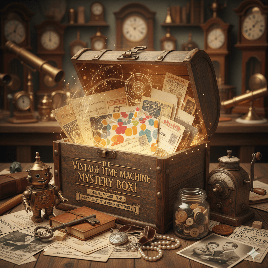 Vintage time machine mystery box with old documents, a robot, and various items in a room with clocks and telescopes.