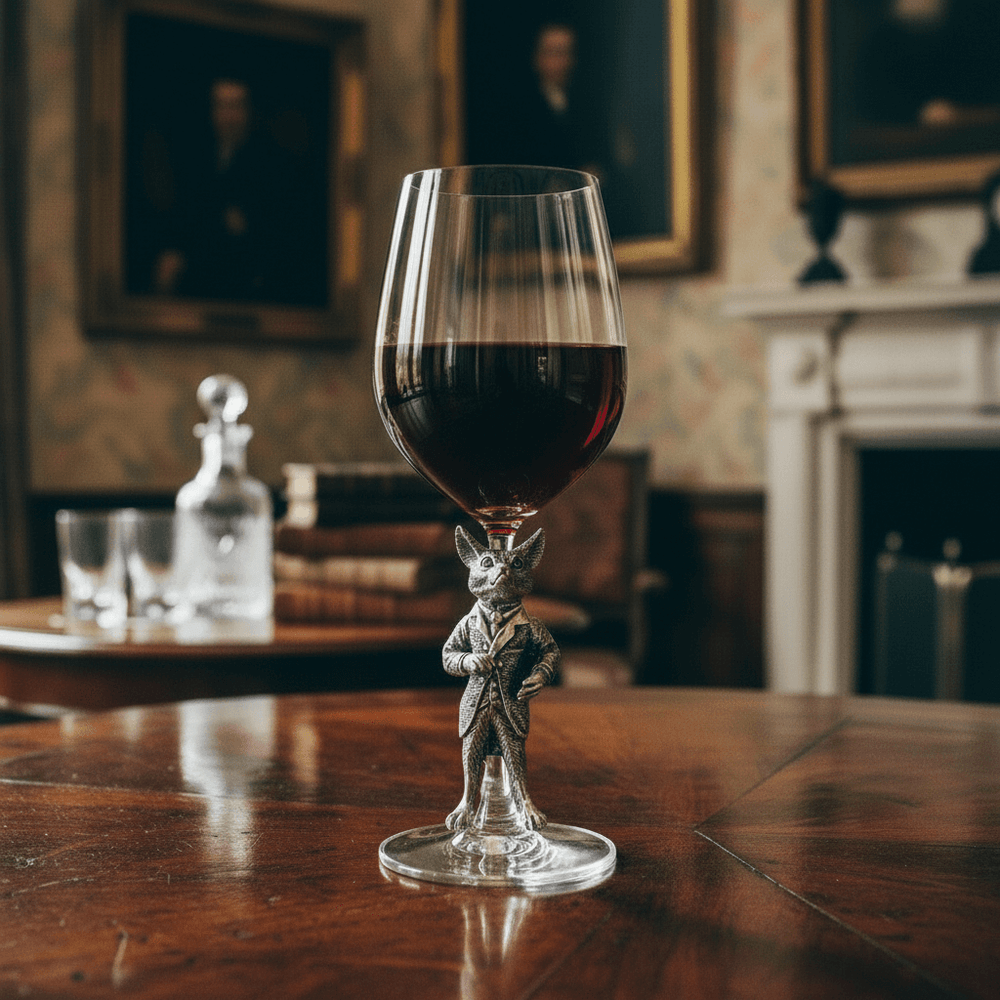 Wine glass with a decorative fox-shaped base on a wooden table in an elegant room.