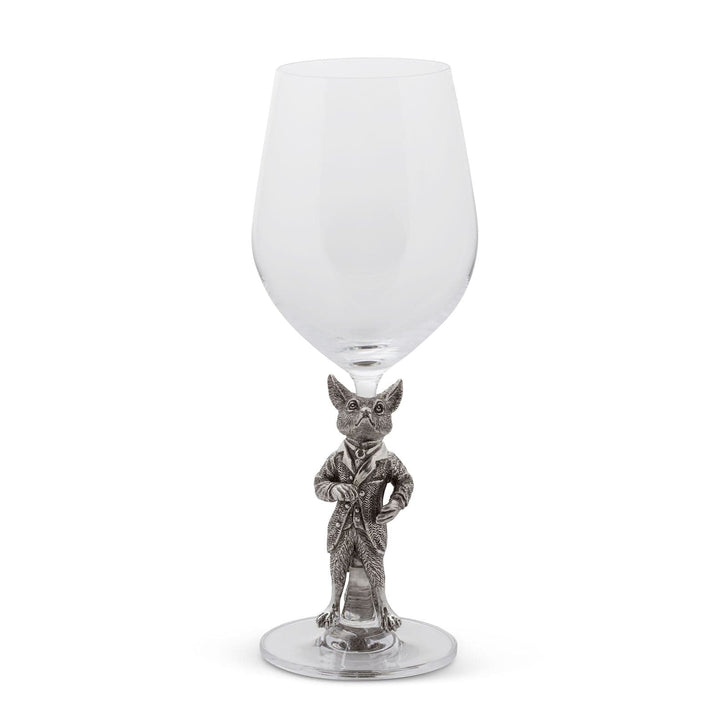 Wine glass with a decorative fox figure on a white background