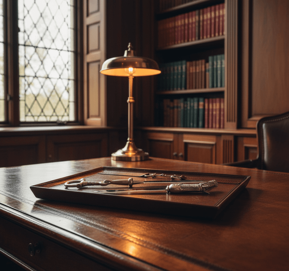 Wooden desk with a lamp and tray in a library setting
