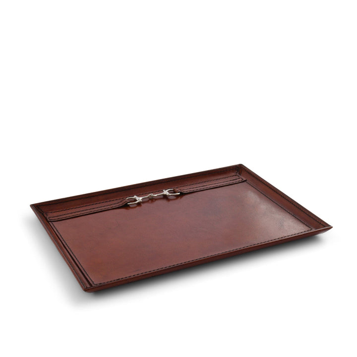 Brown leather tray with a silver buckle on a white background