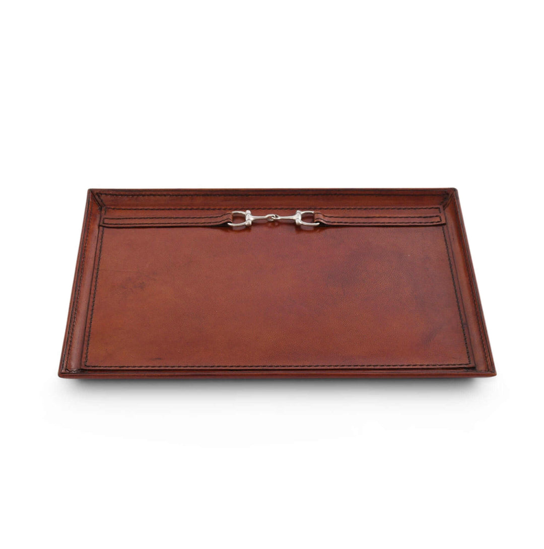 Brown leather tray with a clasp on a white background