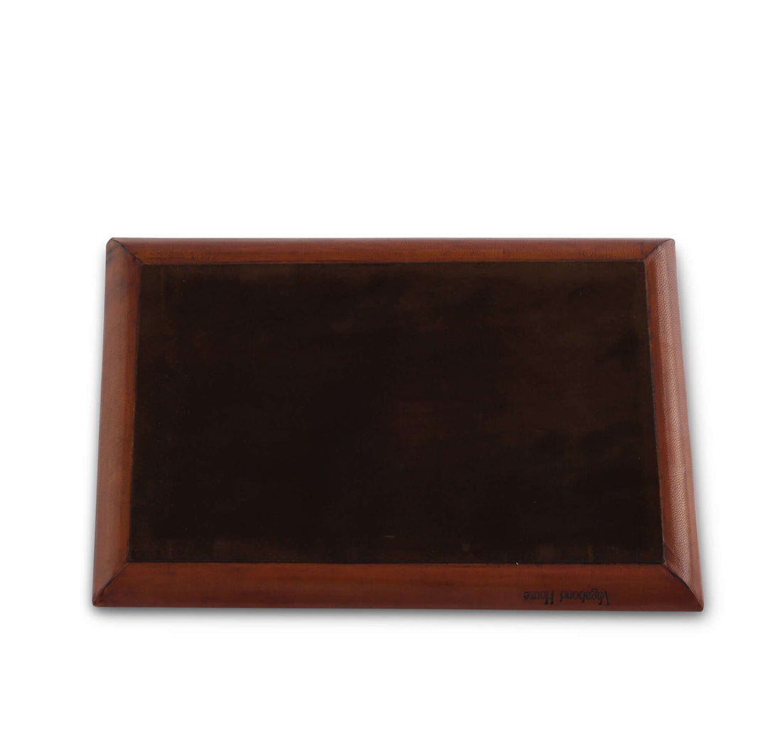 Brown leather tray with a wooden frame on a white background