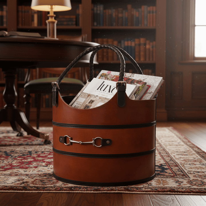 Brown leather basket with magazines on a wooden floor in a room with bookshelves and a table.