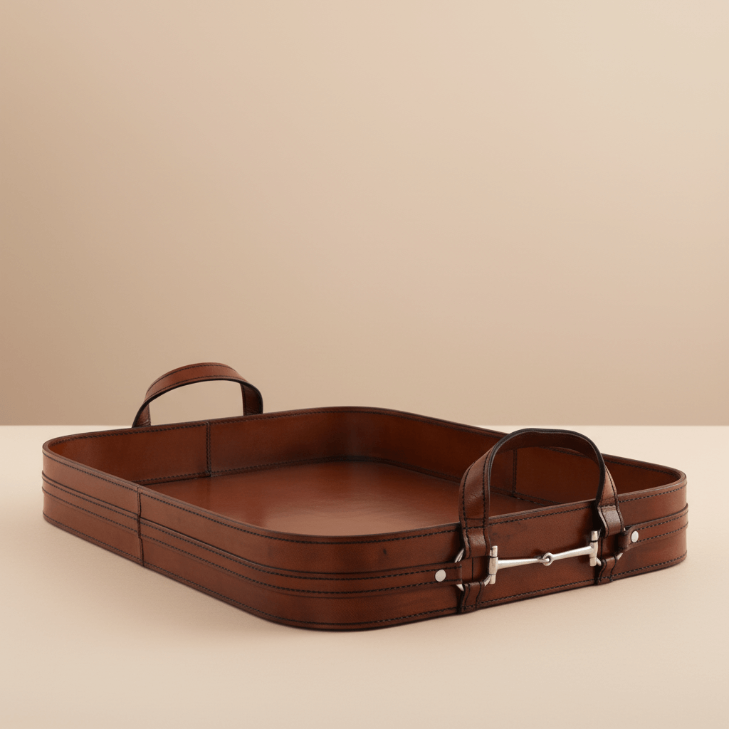 Brown leather tray with handles on a beige background