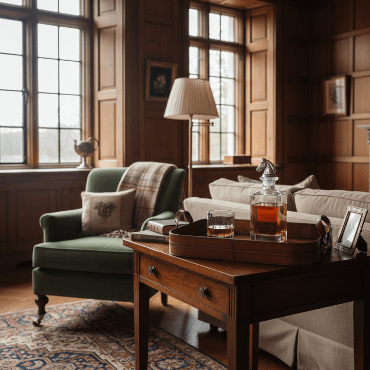 Living room with a wooden table, green armchair, and a decanter of whiskey on a serving tray.
