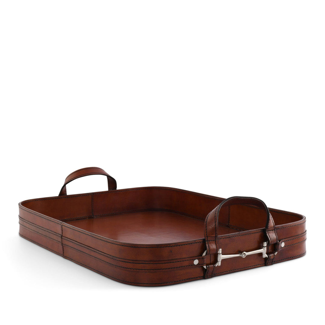 Brown leather tray with handles on a white background