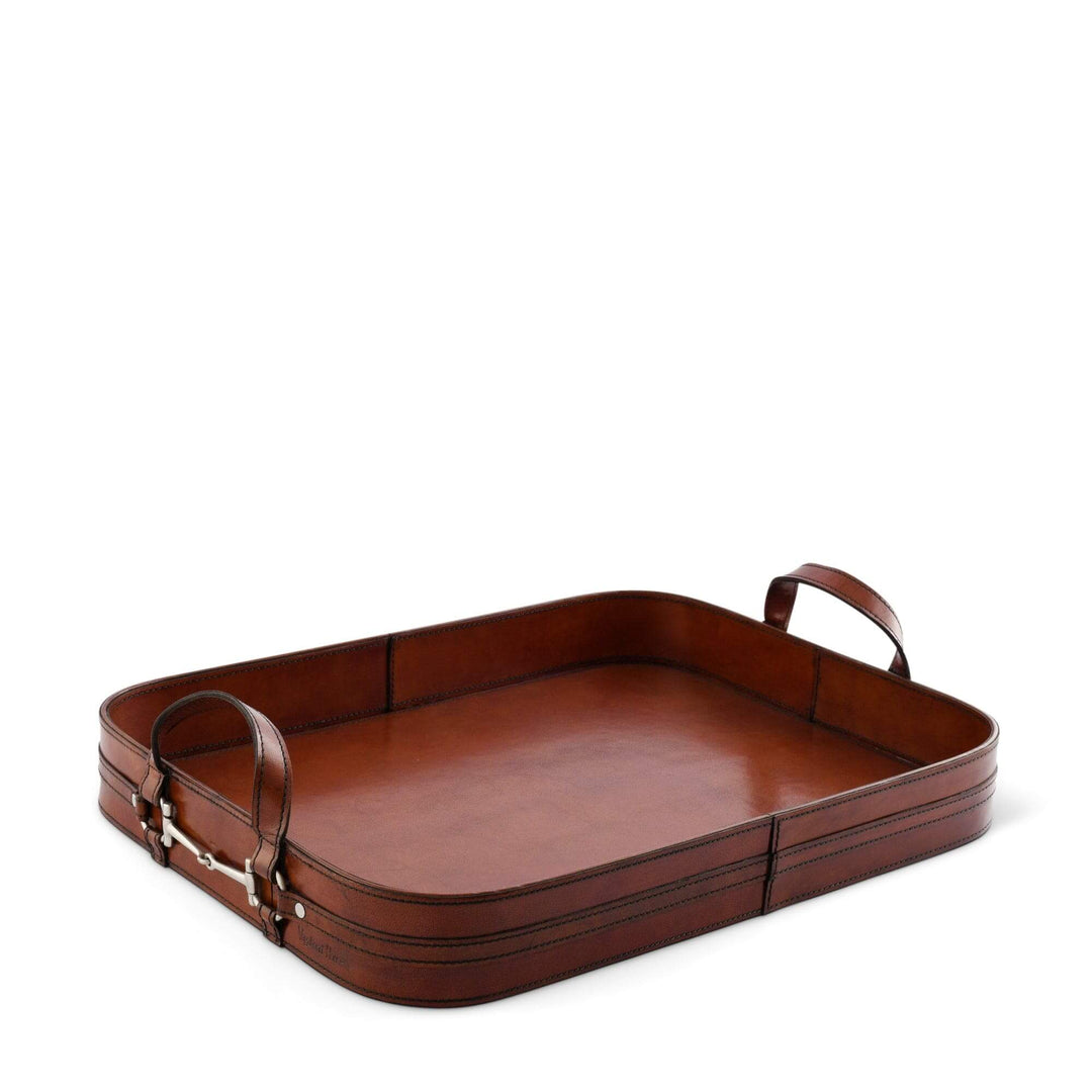 Brown leather tray with handles on a white background