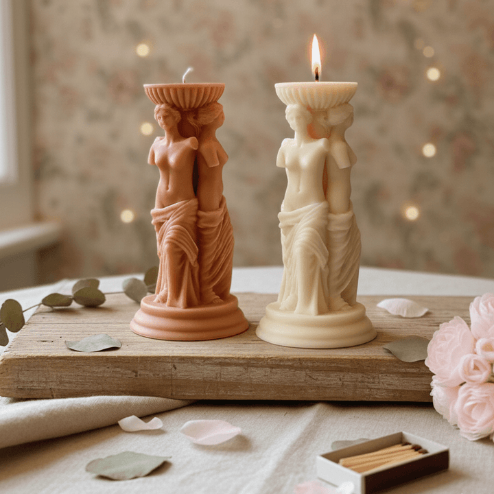 Two decorative pillar candles shaped like classical female figures holding bowls, displayed on a wooden board with a lit candle, surrounded by flowers, petals, and a matchbox in a softly styled setting.